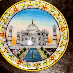 Taj Mahal On Marble Plate Hand Painted Bejeweled Collectible 6.5” Plate